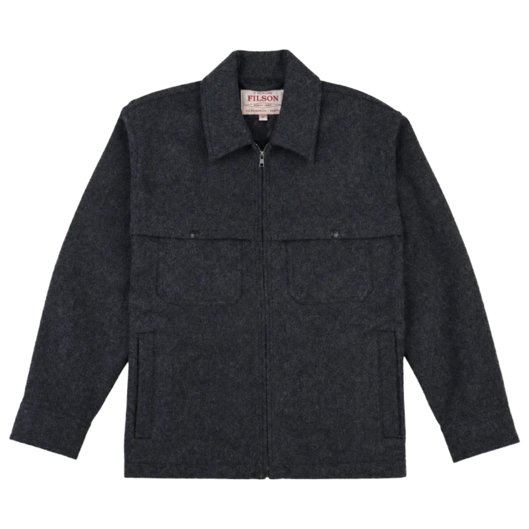 A dark charcoal gray wool-blend jacket by Fusions, featuring a full zip front, a pointed collar, and two buttoned chest pockets, displayed flat against a white background.