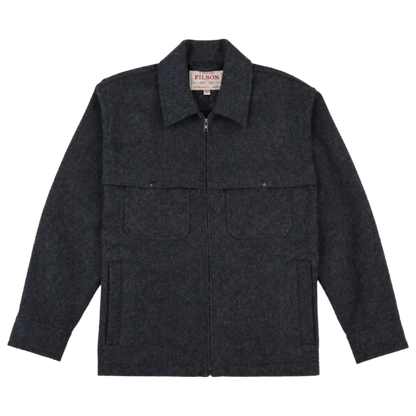 A dark charcoal gray wool-blend jacket by Fusions, featuring a full zip front, a pointed collar, and two buttoned chest pockets, displayed flat against a white background.