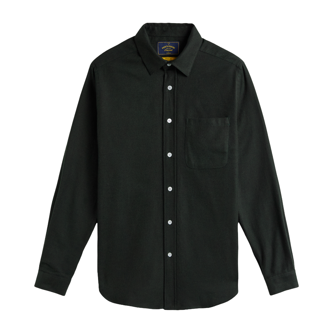 A green long-sleeve button-down shirt with a single chest pocket, shown flat against a solid white background.