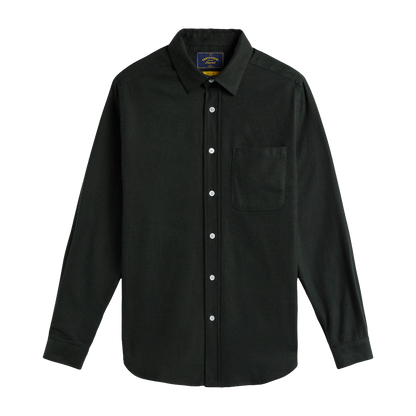 A green long-sleeve button-down shirt with a single chest pocket, shown flat against a solid white background.