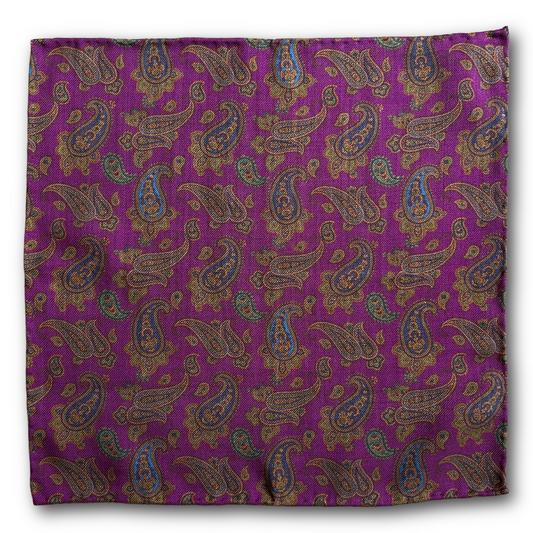 Regent - Wool Pocket Square - Purple and Navy Paisley