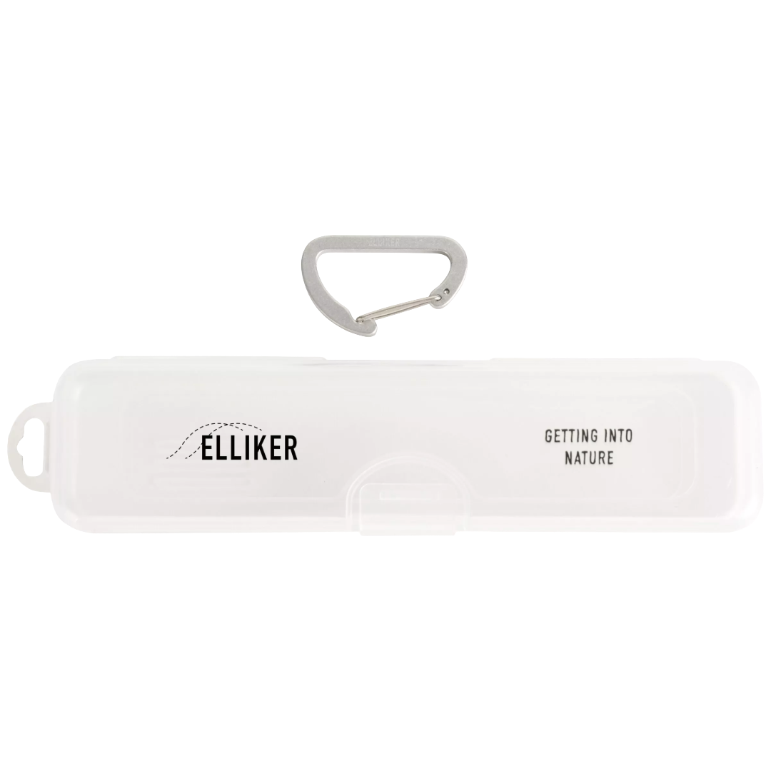 A white plastic carrying case with a silver carabiner attached, featuring the brand name 'ELLIKER' and the text 'GETTING INTO NATURE' on a clean white background.