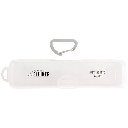 A white plastic carrying case with a silver carabiner attached, featuring the brand name 'ELLIKER' and the text 'GETTING INTO NATURE' on a clean white background.