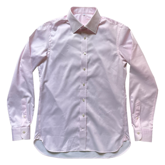 A light pink long-sleeve button-down dress shirt with a pointed collar and white buttons, laid flat against a white background.