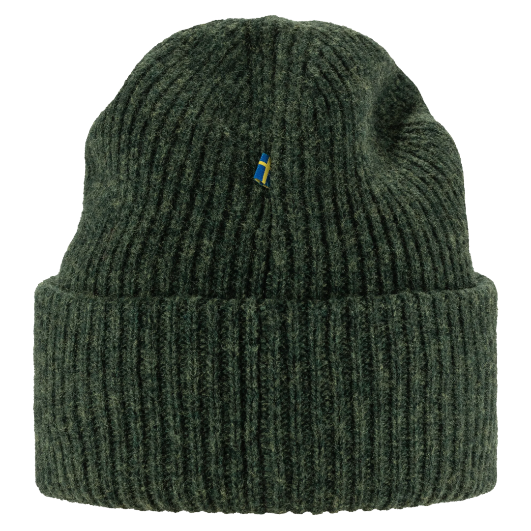 A dark green ribbed knit beanie hat with a small embroidered Swedish flag logo on the front, set against a plain white background.