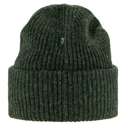 A dark green ribbed knit beanie hat with a small embroidered Swedish flag logo on the front, set against a plain white background.