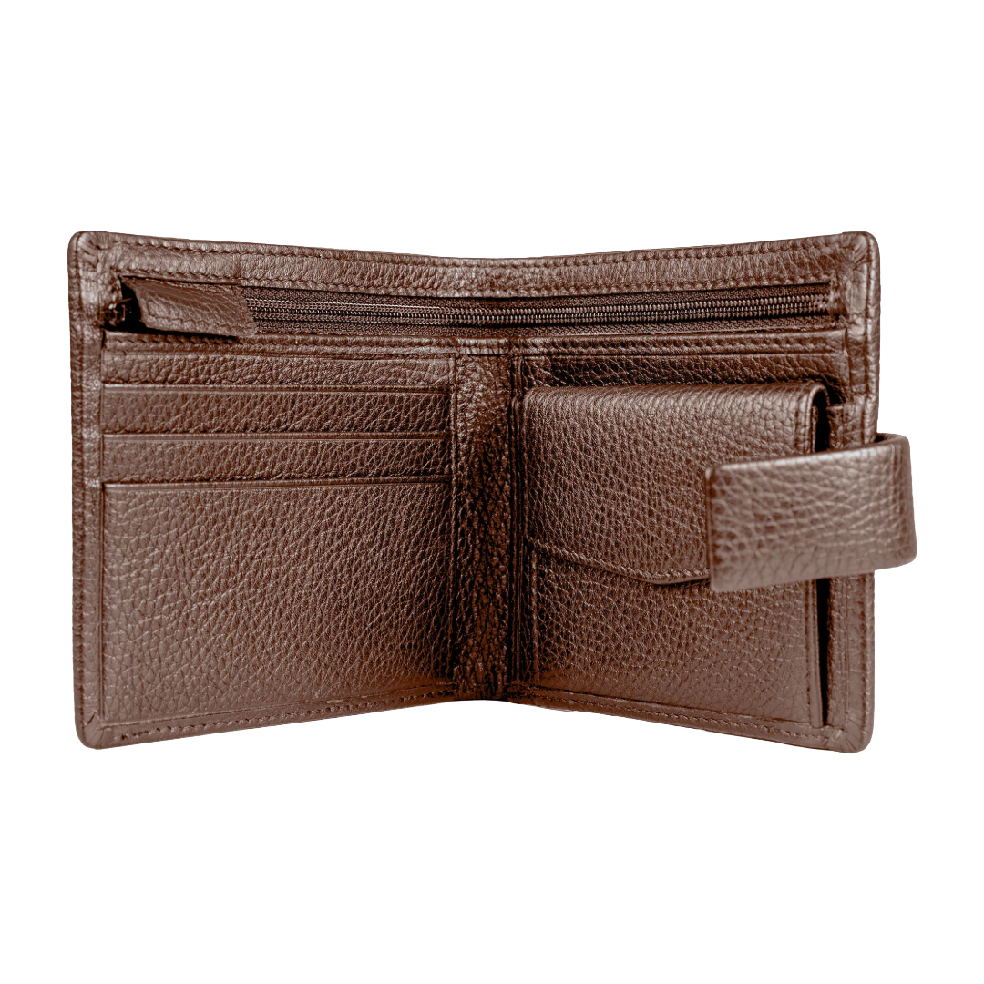 An open brown pebbled leather bifold wallet with multiple card slots, a zippered compartment, and a small side pocket with a pull tab, shown on a plain white background.