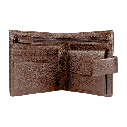 An open brown pebbled leather bifold wallet with multiple card slots, a zippered compartment, and a small side pocket with a pull tab, shown on a plain white background.