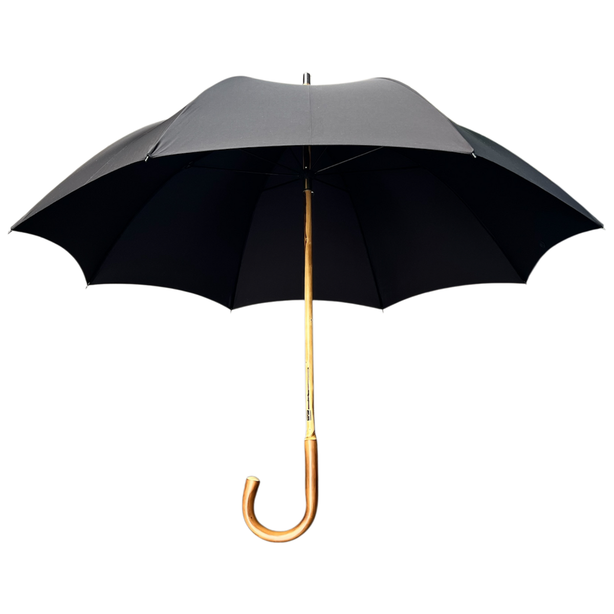 A black open umbrella with a gold-colored curved handle and shaft, shown against a plain white background.