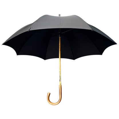 A black open umbrella with a gold-colored curved handle and shaft, shown against a plain white background.