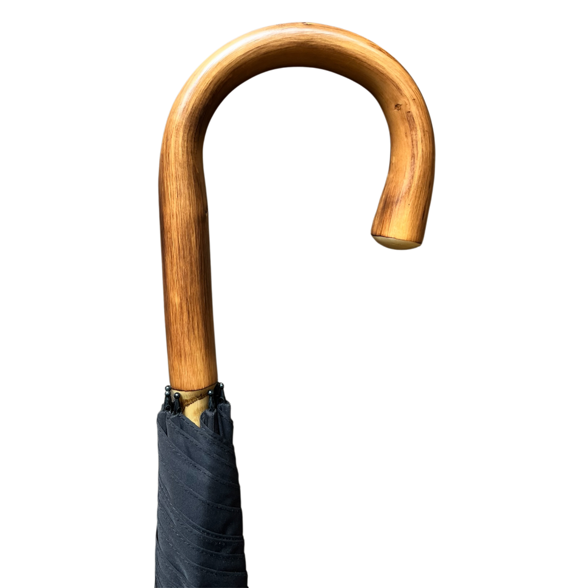 A close-up of a wooden cane handle with a curved, polished brown wood finish and a black fabric-wrapped grip, shown against a plain white background.