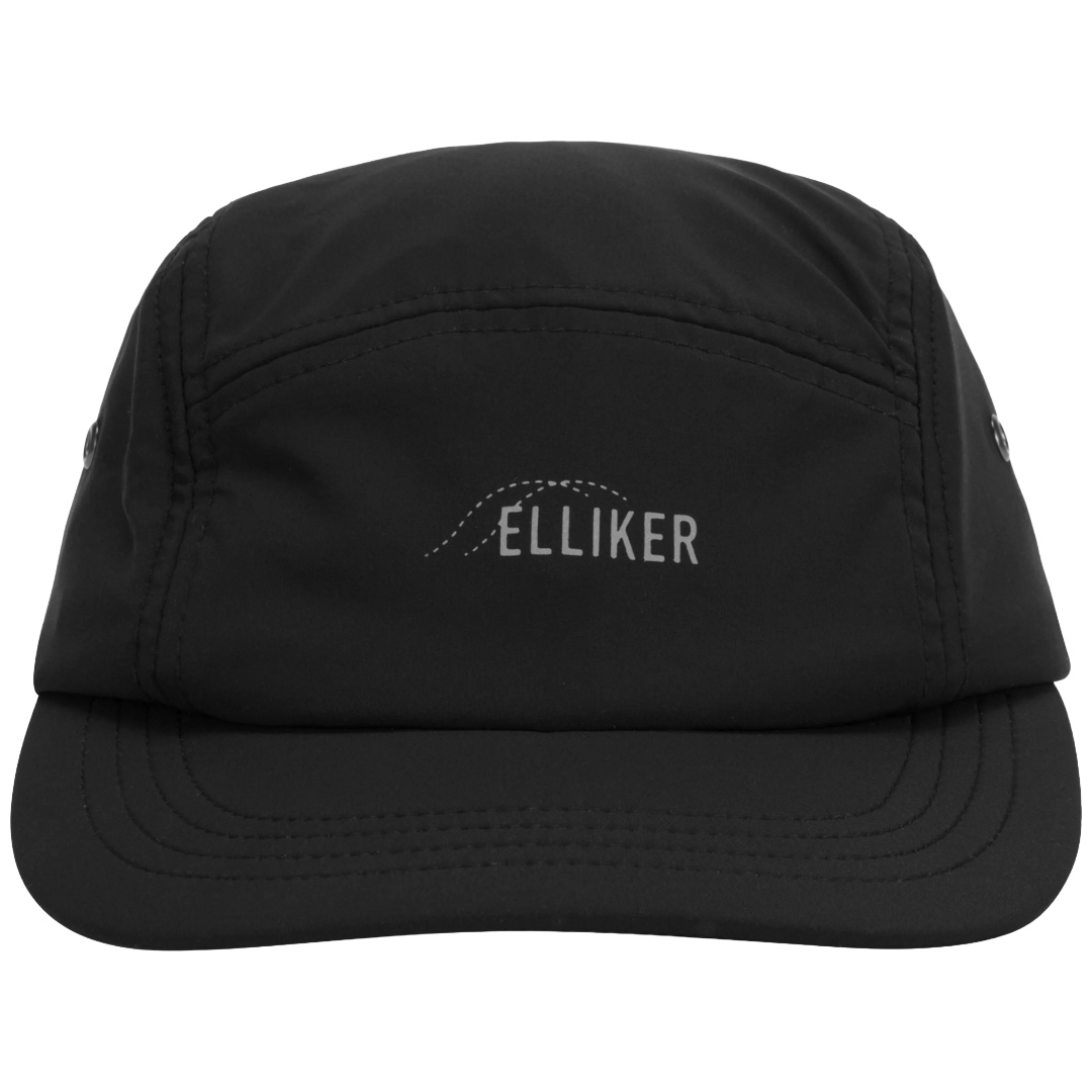 A black five-panel cap with a curved brim, featuring a white embroidered 'ELLIKER' logo on the front, set against a plain white background.