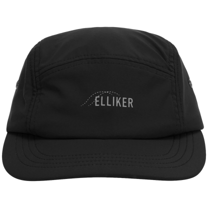 A black five-panel cap with a curved brim, featuring a white embroidered 'ELLIKER' logo on the front, set against a plain white background.