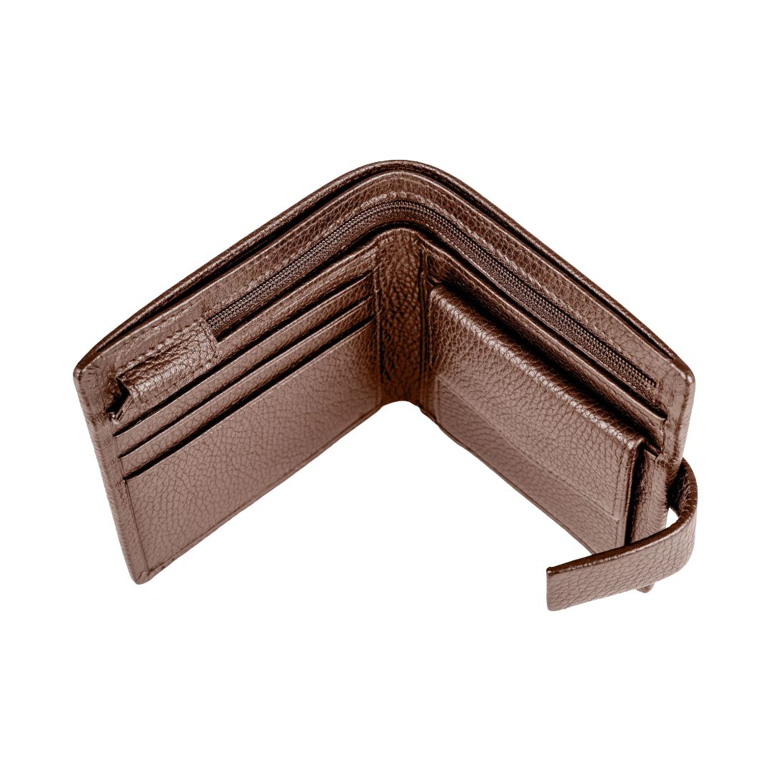 An open brown textured leather wallet with multiple card slots, zippered compartments, and a small hanging tab, shown on a plain white background.