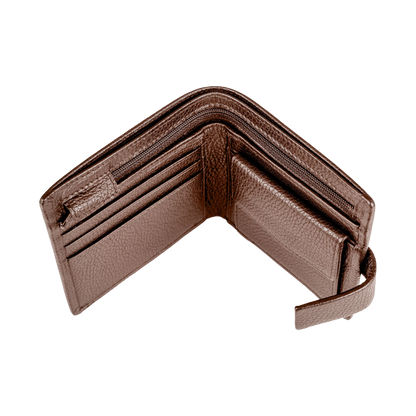 An open brown textured leather wallet with multiple card slots, zippered compartments, and a small hanging tab, shown on a plain white background.