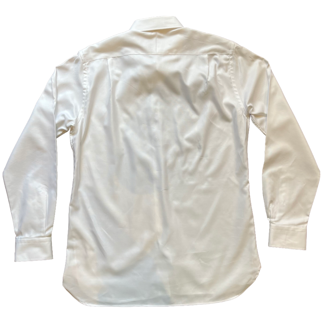 A long-sleeve white button-down shirt shown from the back, laid flat against a solid white background.