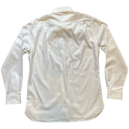A long-sleeve white button-down shirt shown from the back, laid flat against a solid white background.