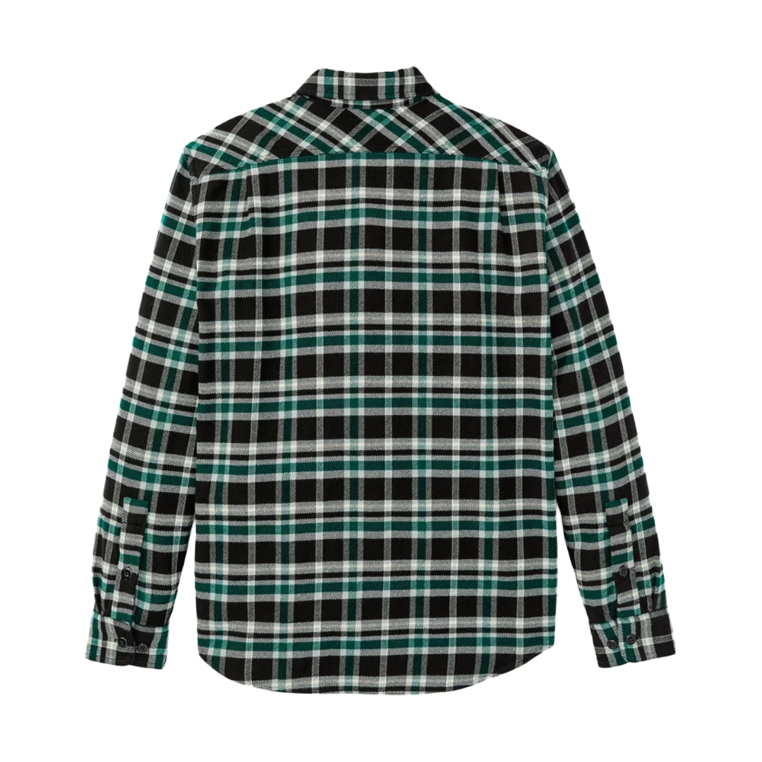 A long-sleeve plaid button-up shirt shown from the back, featuring a black base with green and white checkered lines, set against a plain white background.