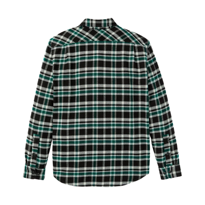 A long-sleeve plaid button-up shirt shown from the back, featuring a black base with green and white checkered lines, set against a plain white background.