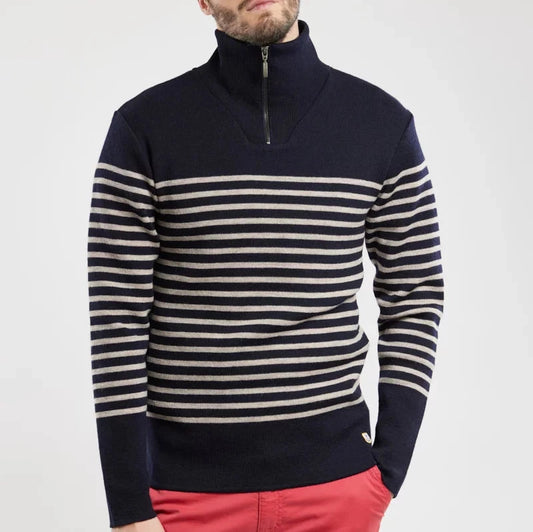 Navy and Sandstone stripe high neck jumper.