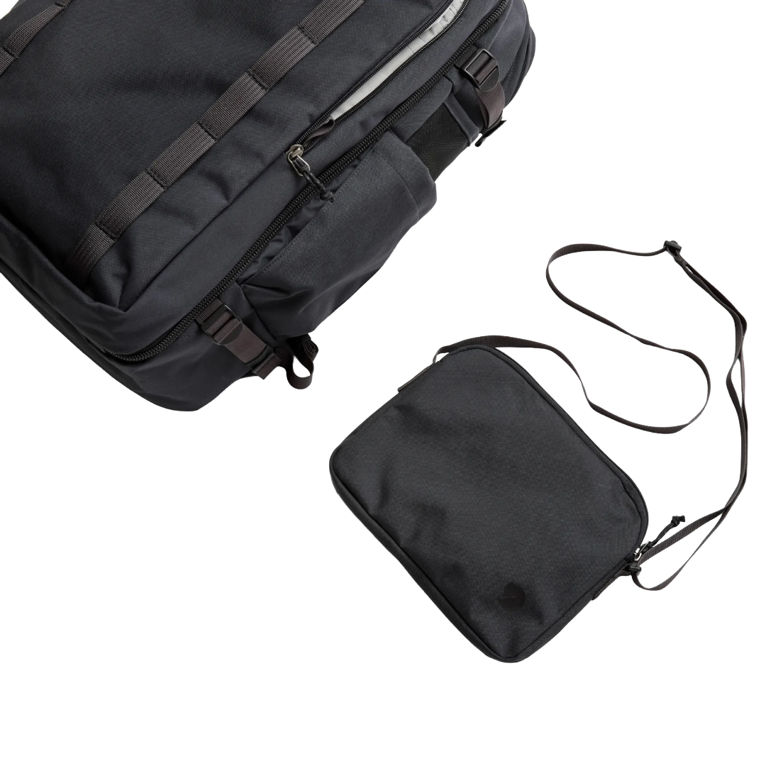 A black tactical backpack shown alongside a matching black crossbody pouch with an adjustable strap, both photographed on a clean white background.