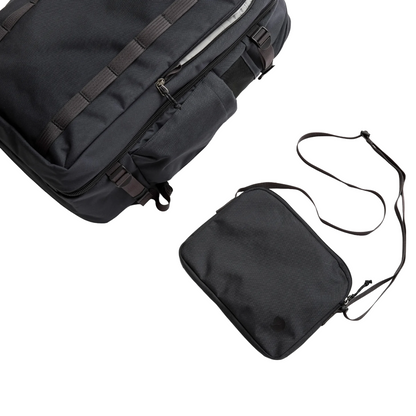 A black tactical backpack shown alongside a matching black crossbody pouch with an adjustable strap, both photographed on a clean white background.