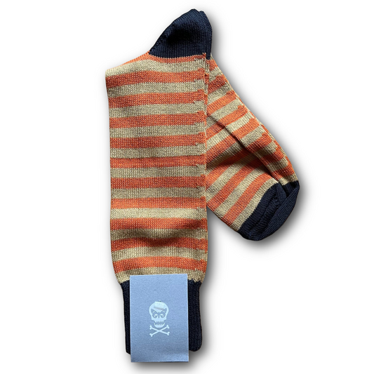 Orange and khaki narrow hoop socks with contrasting navy toe and heel sold at regent in salisbury