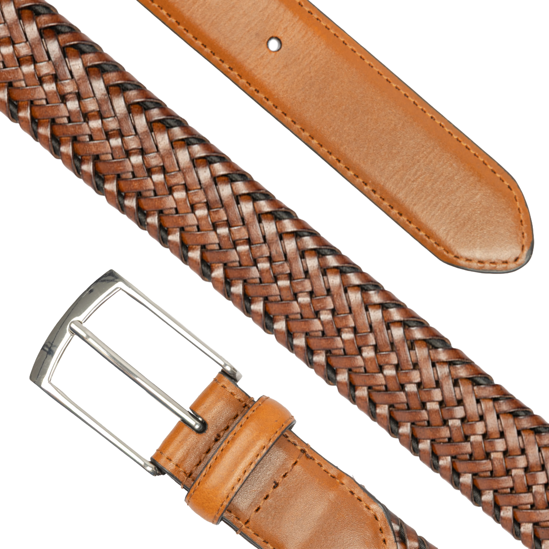 A brown braided leather belt with a silver-tone metal buckle, shown in a close-up studio shot on a white background. The image includes a detail of the woven strap texture and a close-up of the tan leather end.