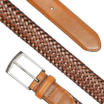 A brown braided leather belt with a silver-tone metal buckle, shown in a close-up studio shot on a white background. The image includes a detail of the woven strap texture and a close-up of the tan leather end.