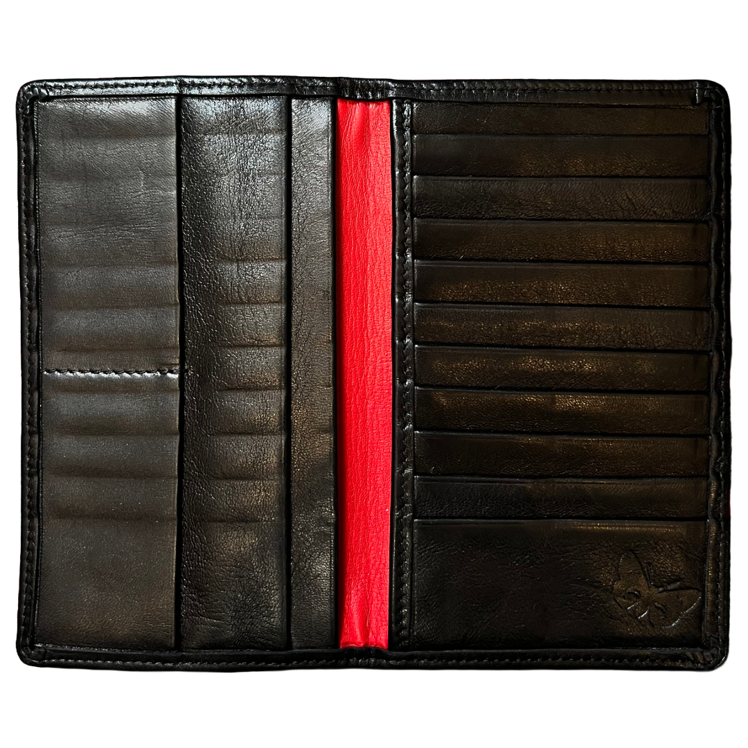 An open black leather bi-fold wallet with multiple card slots and a prominent bright red vertical stripe down the center, shown against a plain white background.