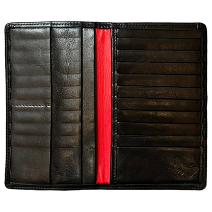 An open black leather bi-fold wallet with multiple card slots and a prominent bright red vertical stripe down the center, shown against a plain white background.