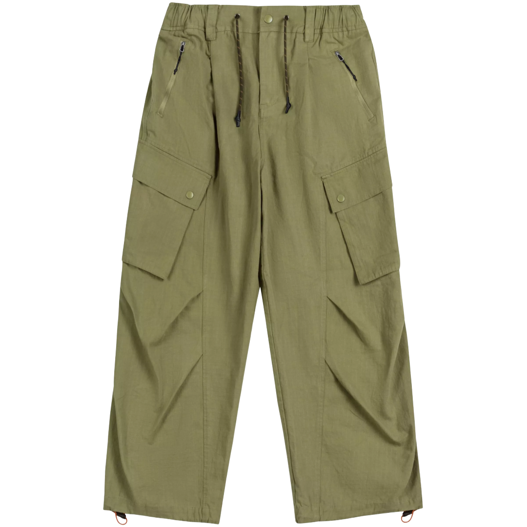 Olive green cargo pants with an elastic drawstring waist, zippered side pockets, and large button-flap cargo pockets on the legs, shown flat on a white background.
