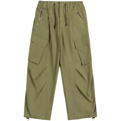 Olive green cargo pants with an elastic drawstring waist, zippered side pockets, and large button-flap cargo pockets on the legs, shown flat on a white background.
