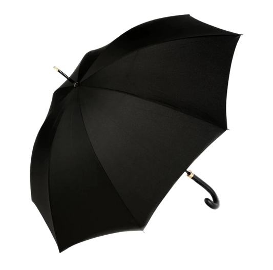 A classic black open umbrella with a curved black handle and small gold-toned accents on the top knob and handle joint, shown against a solid white background.