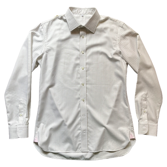 A long-sleeve button-up shirt in a fine gingham check pattern of light beige and white, laid flat against a white background.