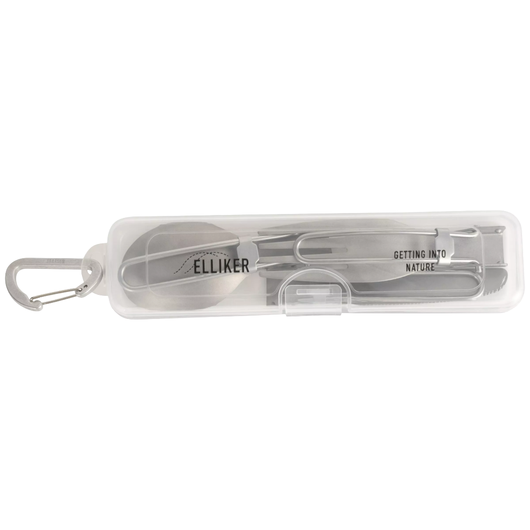 A compact travel utensil set in a clear plastic case with a silver carabiner, featuring a spoon, fork, and knife. The case is printed with the brand name 'ELLIKER' and the phrase 'GETTING INTO NATURE'.