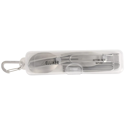 A compact travel utensil set in a clear plastic case with a silver carabiner, featuring a spoon, fork, and knife. The case is printed with the brand name 'ELLIKER' and the phrase 'GETTING INTO NATURE'.