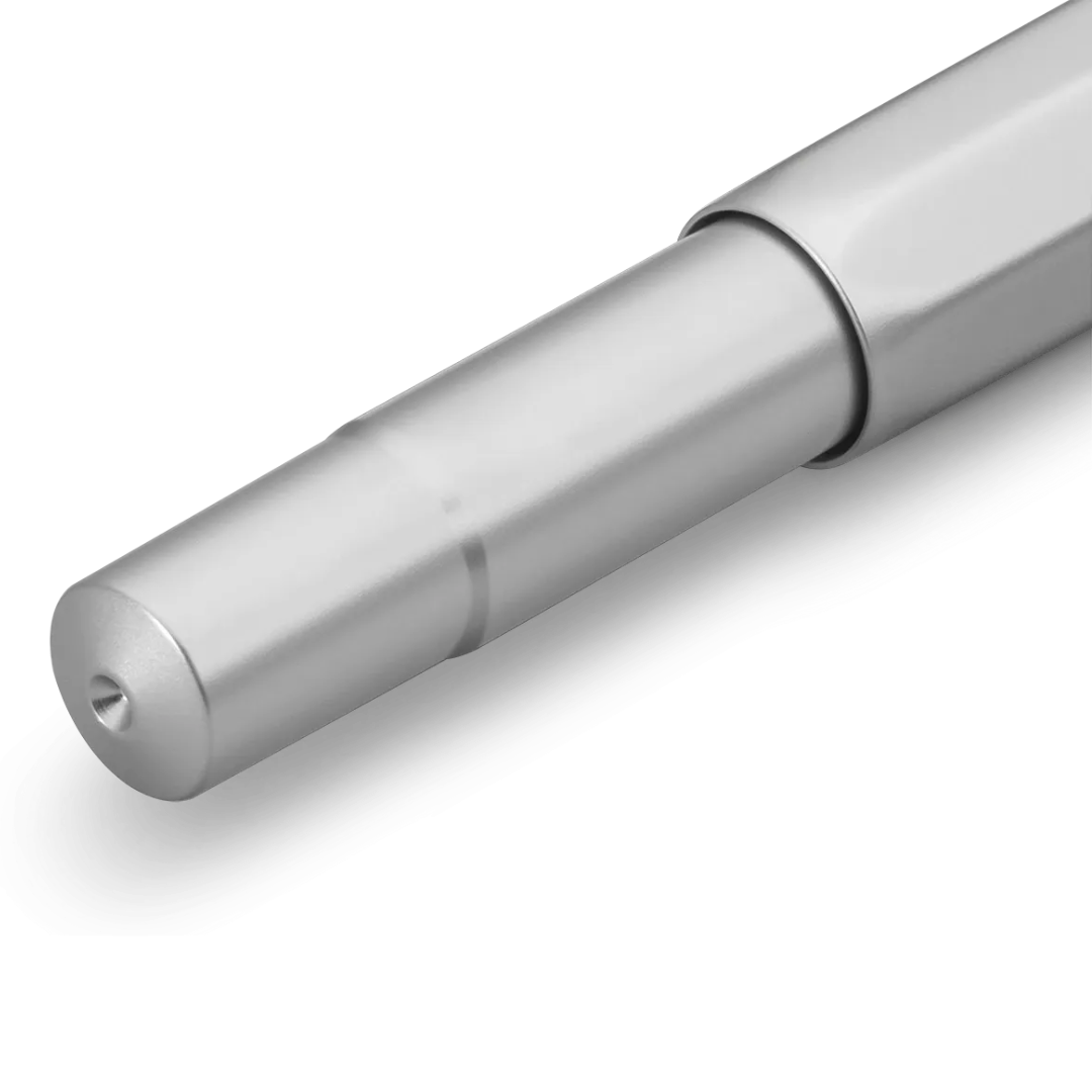 A close-up of a metallic silver pen with a smooth hexagonal section, shown on a clean white background.