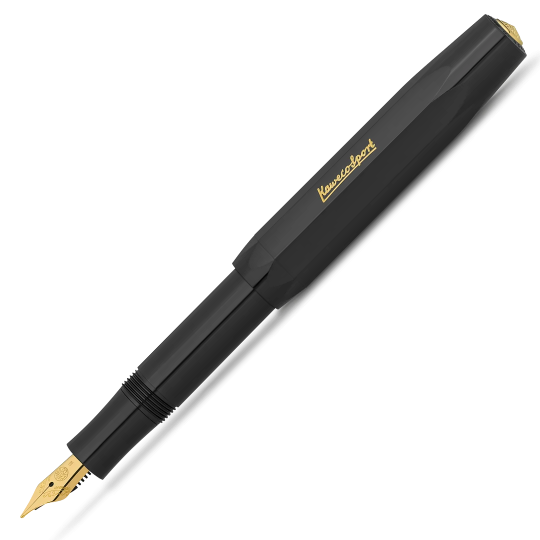 A sleek black fountain pen with a gold nib and gold 'Kreissler Sport' branding on the barrel, shown diagonally on a clean white background.