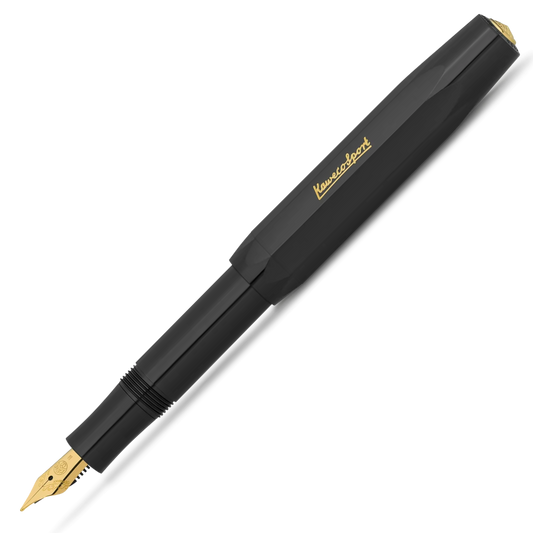 A sleek black fountain pen with a gold nib and gold 'Kreissler Sport' branding on the barrel, shown diagonally on a clean white background.