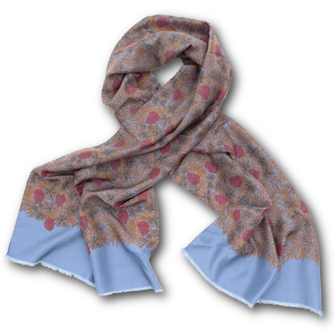 Regent - Lightweight Silk Scarf - Dusk Blue with Berries