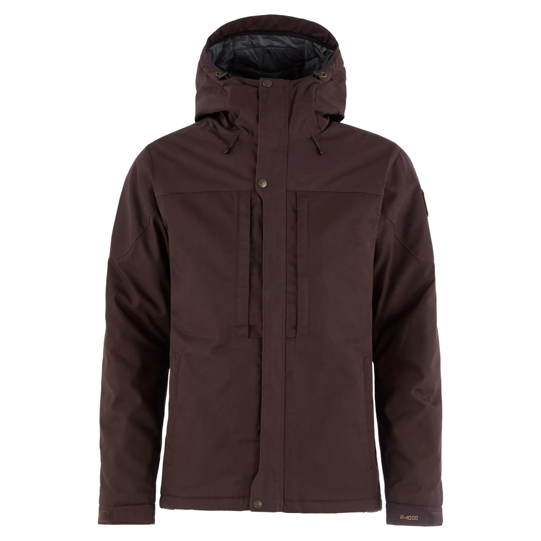 A dark brown hooded jacket with a button front, zippered chest pockets, and a black-lined hood, shown on a plain white background.