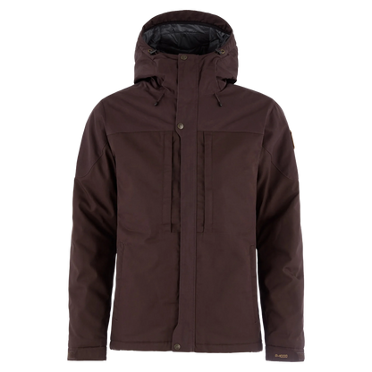 A dark brown hooded jacket with a button front, zippered chest pockets, and a black-lined hood, shown on a plain white background.