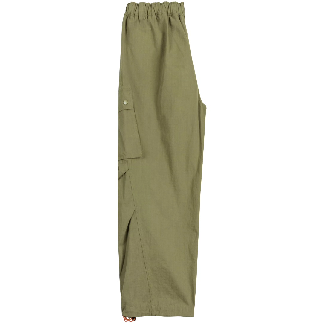 Olive green cargo pants with an elastic waistband, side cargo pocket with a snap button, and a zippered pocket, shown flat on a white background.