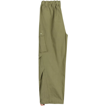 Olive green cargo pants with an elastic waistband, side cargo pocket with a snap button, and a zippered pocket, shown flat on a white background.