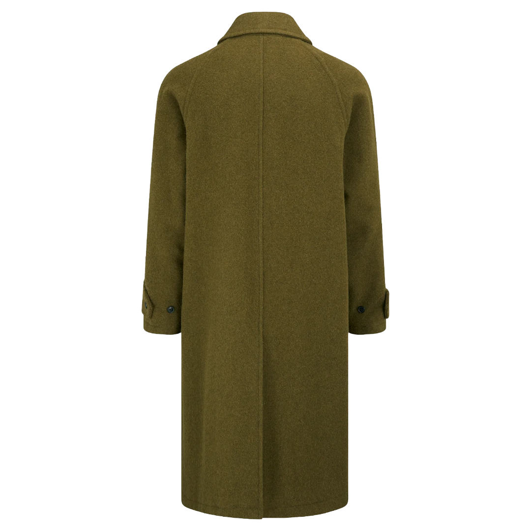 An olive green wool-blend coat shown from the back, featuring a classic collar, long sleeves, and buttoned cuffs, isolated on a white background.