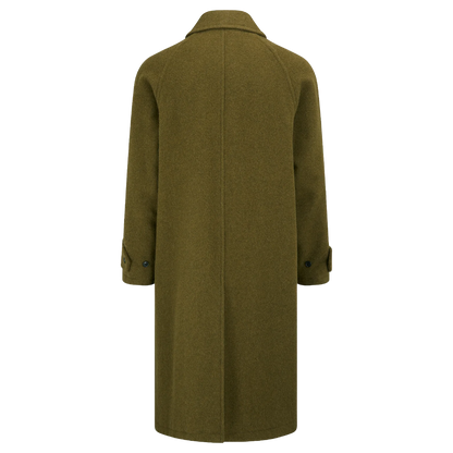 An olive green wool-blend coat shown from the back, featuring a classic collar, long sleeves, and buttoned cuffs, isolated on a white background.