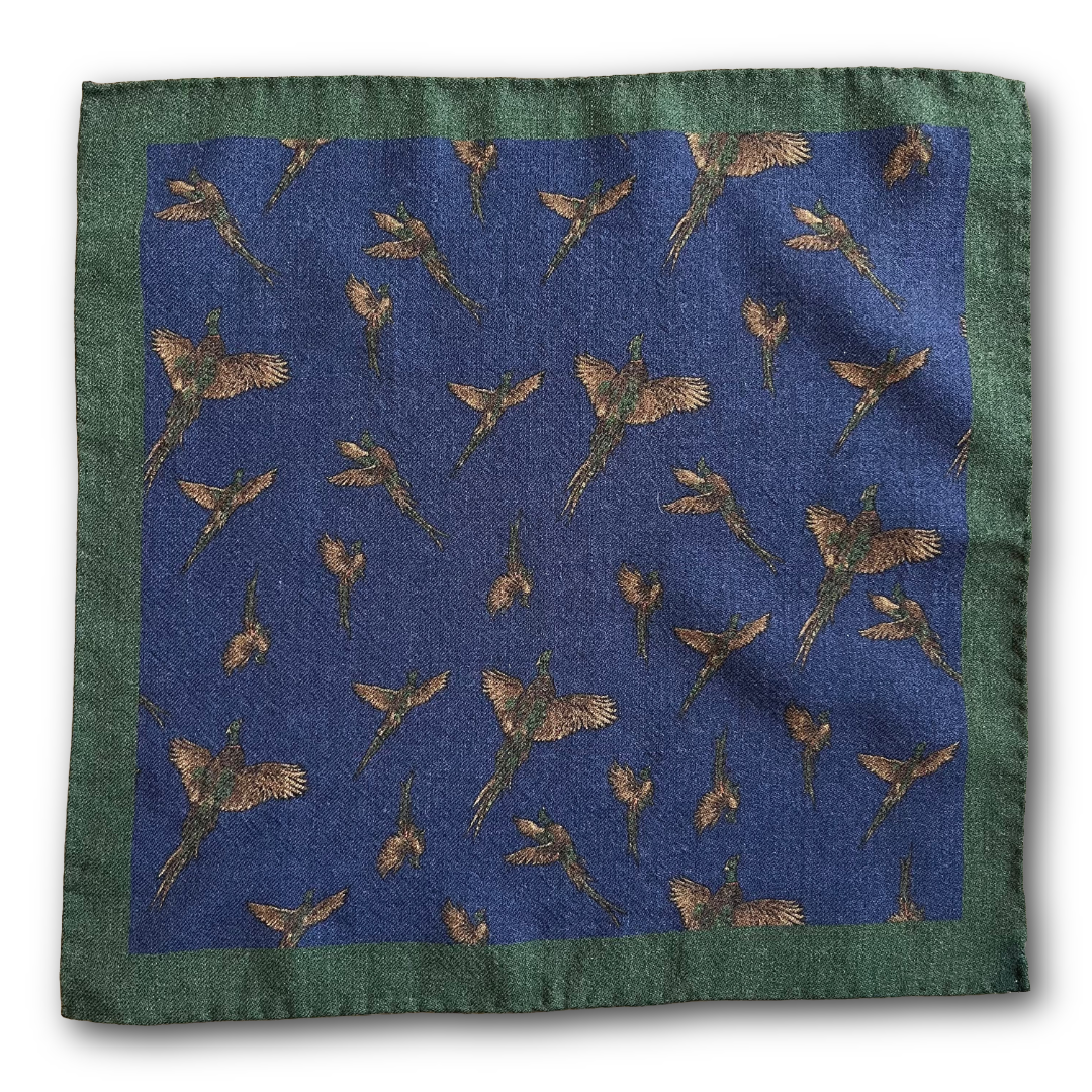 Regent - Wool Pocket Square - Navy with Pheasants