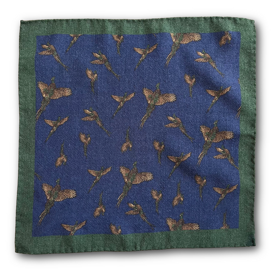 Regent - Wool Pocket Square - Navy with Pheasants