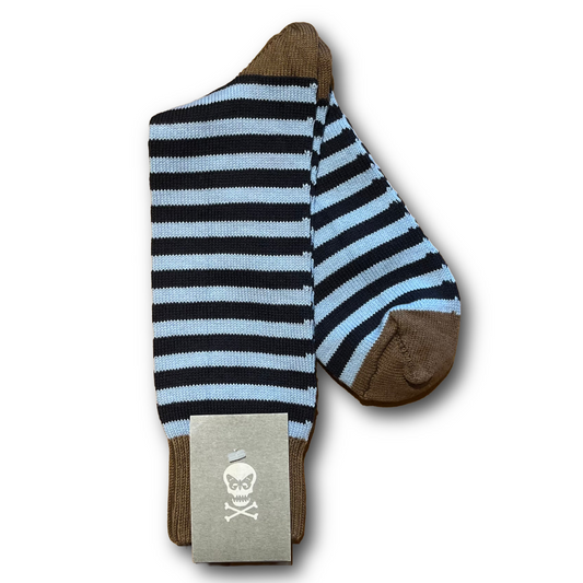 Navy and blue narrow hoop socks with contrasting khaki toe and heel sold at regent in salisbury